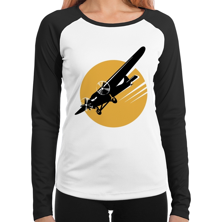 Baby Look Raglan Avião Bimotor Manga Longa