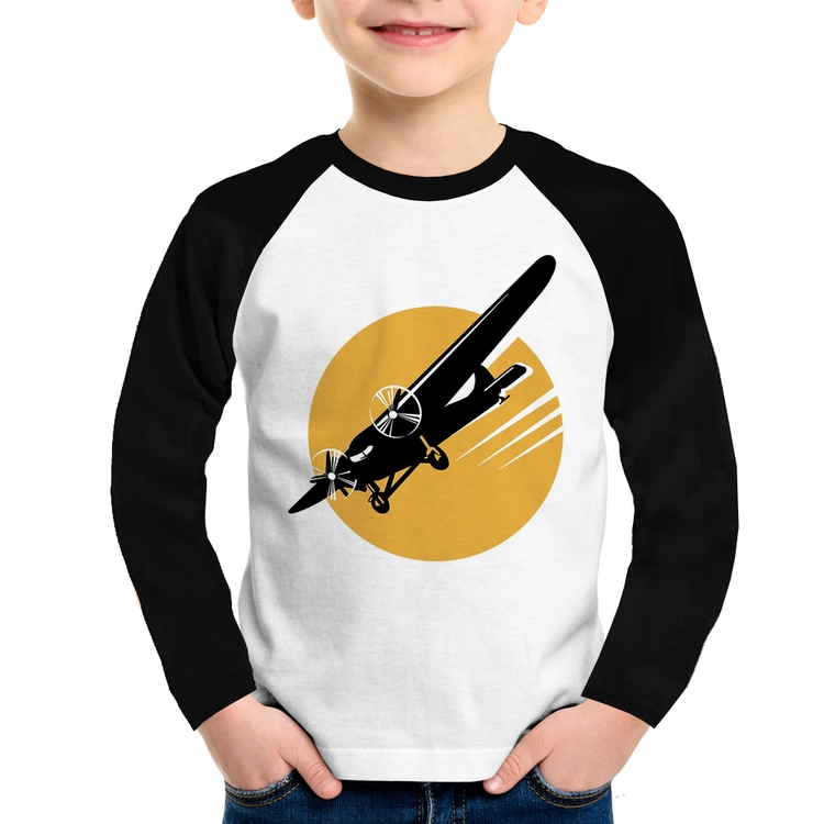Camiseta Raglan Infantil Avião Bimotor Manga Longa