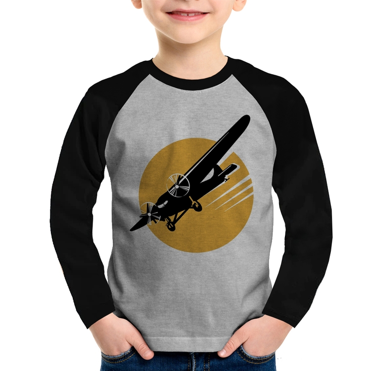 Camiseta Raglan Infantil Avião Bimotor Manga Longa - Cinza/Preto