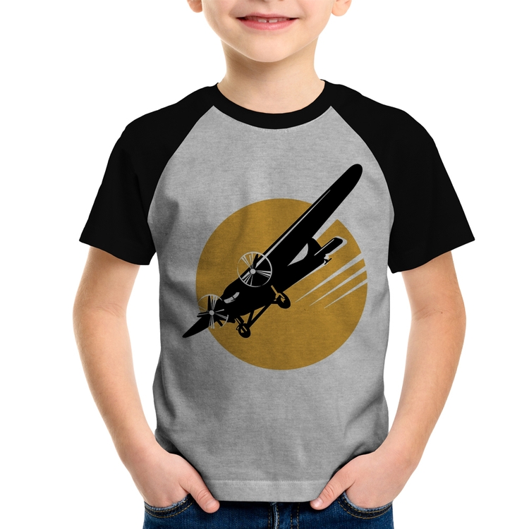 Camiseta Raglan Infantil Avião Bimotor - Cinza/Preto