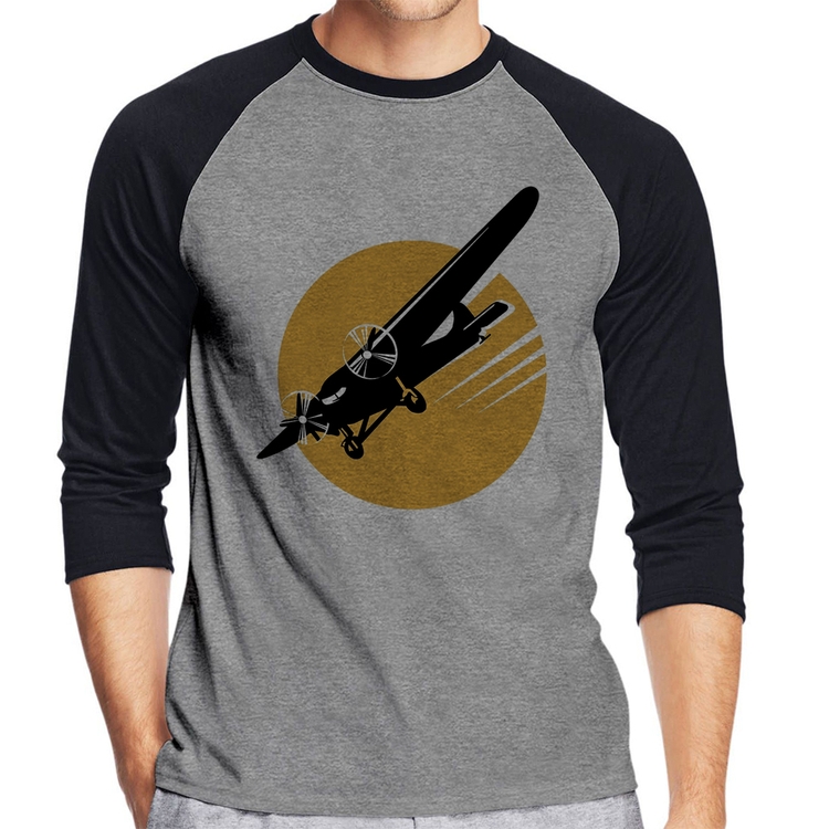 Camiseta Raglan Avião Bimotor Manga 3/4 - Cinza/Preto