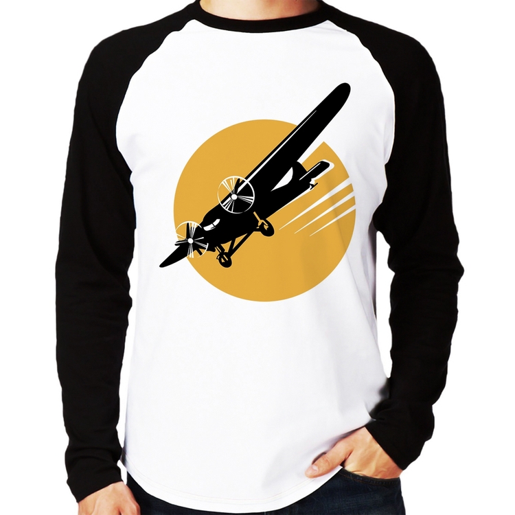 Camiseta Raglan Avião Bimotor Manga Longa