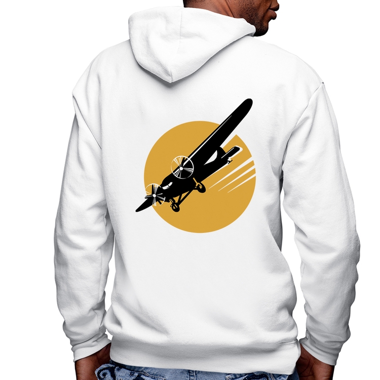 Blusa Moletom Avião Bimotor Masculina com Capuz e Zíper - Branca