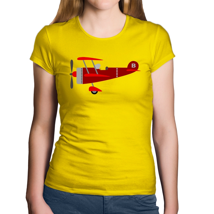 Baby Look Algodão Avião Biplano - Amarela