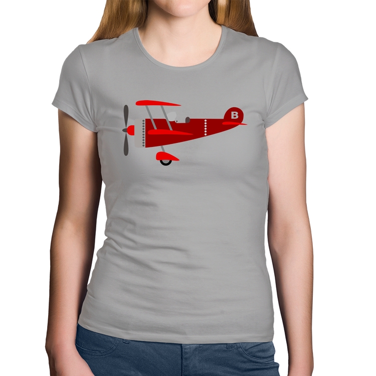 Baby Look Algodão Avião Biplano - Cinza