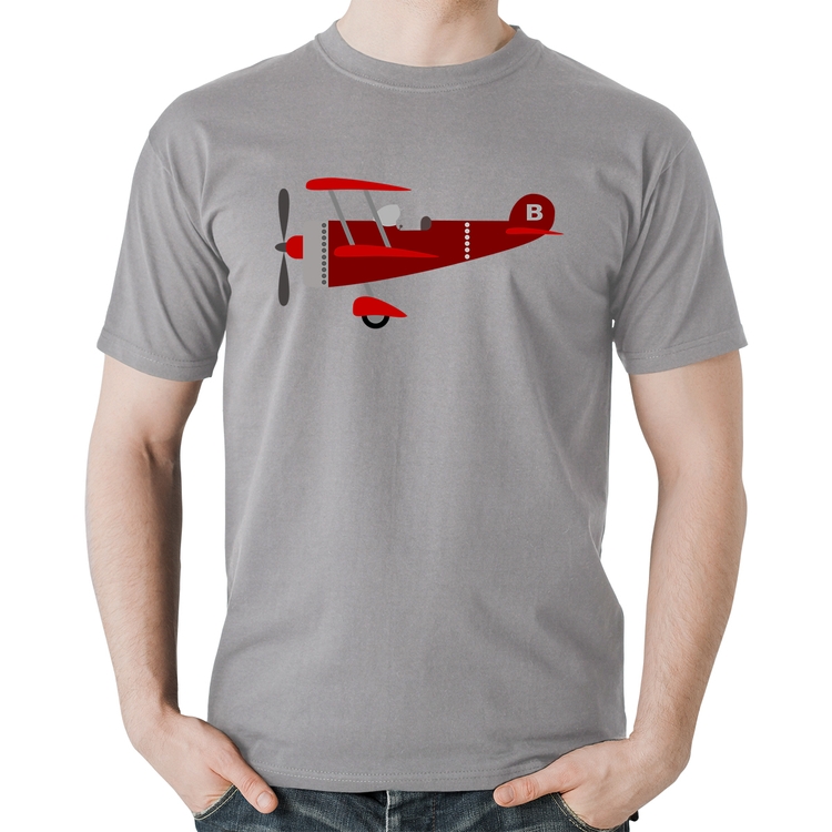 Camiseta Algodão Avião Biplano - Cinza