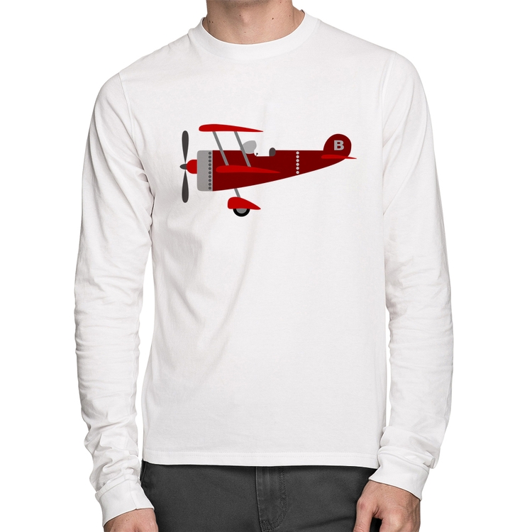 Camiseta Algodão Avião Biplano Manga Longa - Branca