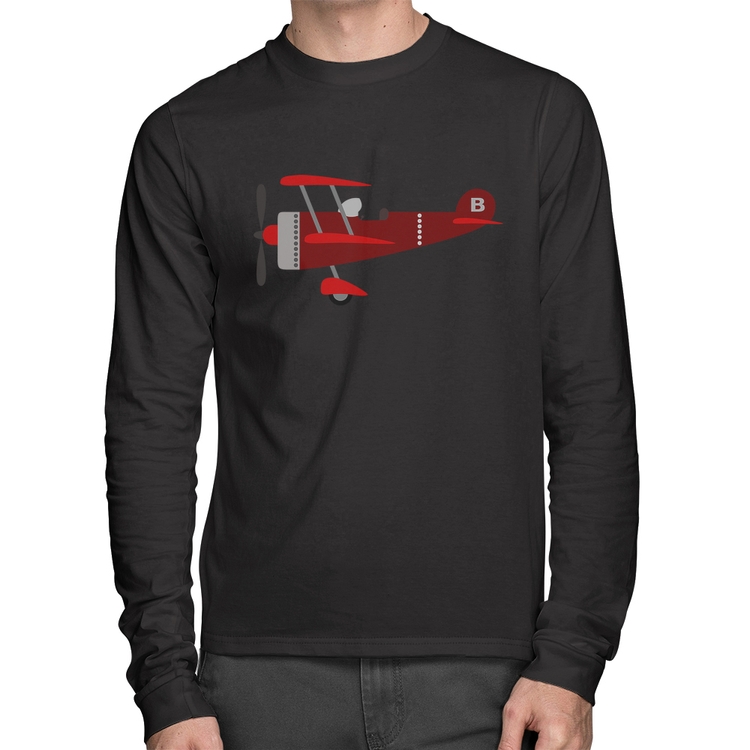 Camiseta Algodão Avião Biplano Manga Longa