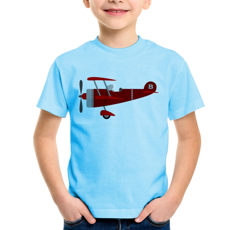Camiseta Infantil Avião Biplano - Azul Bebê