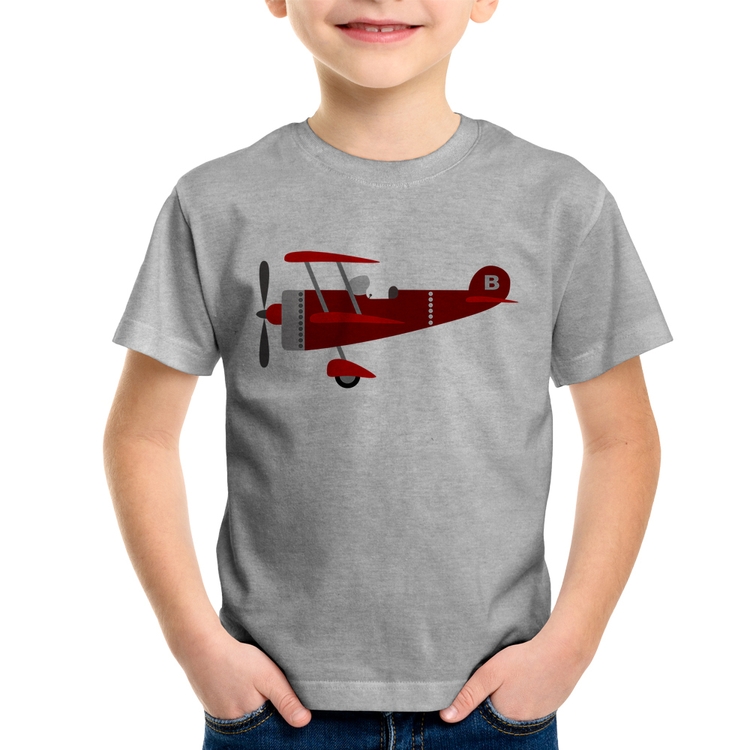 Camiseta Infantil Avião Biplano - Cinza