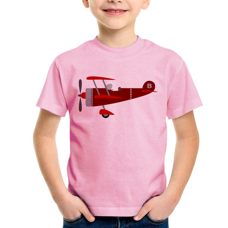 Camiseta Infantil Avião Biplano - Rosa Bebê