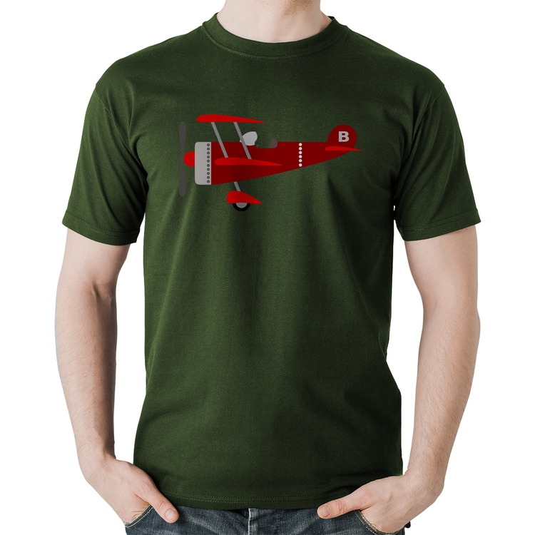 Camiseta Algodão Avião Biplano - Musgo