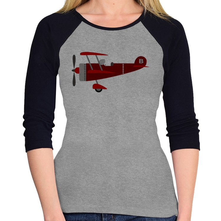 Baby Look Raglan Avião Biplano Manga 3/4 - Cinza/Preto