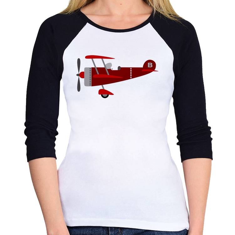 Baby Look Raglan Avião Biplano Manga 3/4