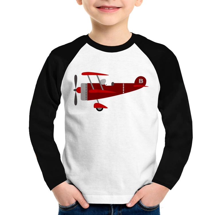 Camiseta Raglan Infantil Avião Biplano Manga Longa