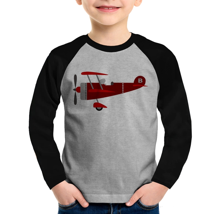 Camiseta Raglan Infantil Avião Biplano Manga Longa - Cinza/Preto