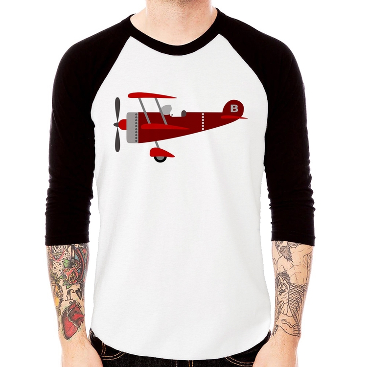 Camiseta Raglan Avião Biplano Manga 3/4