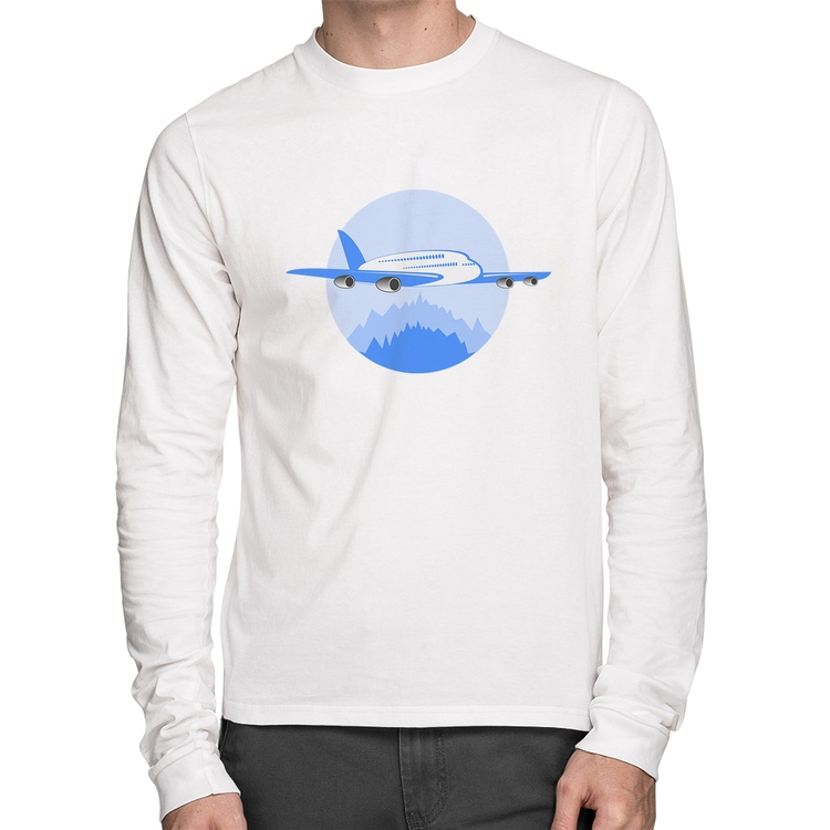 Camiseta Algodão Avião nas Montanhas Manga Longa - Branca