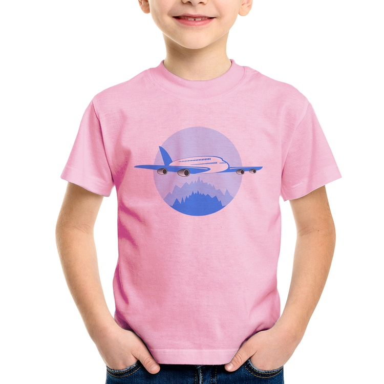Camiseta Infantil Avião nas Montanhas - Rosa Bebê