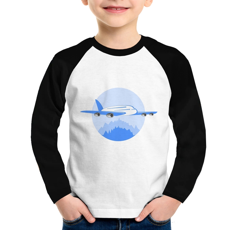Camiseta Raglan Infantil Avião nas Montanhas Manga Longa