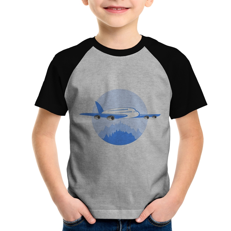 Camiseta Raglan Infantil Avião nas Montanhas - Cinza/Preto