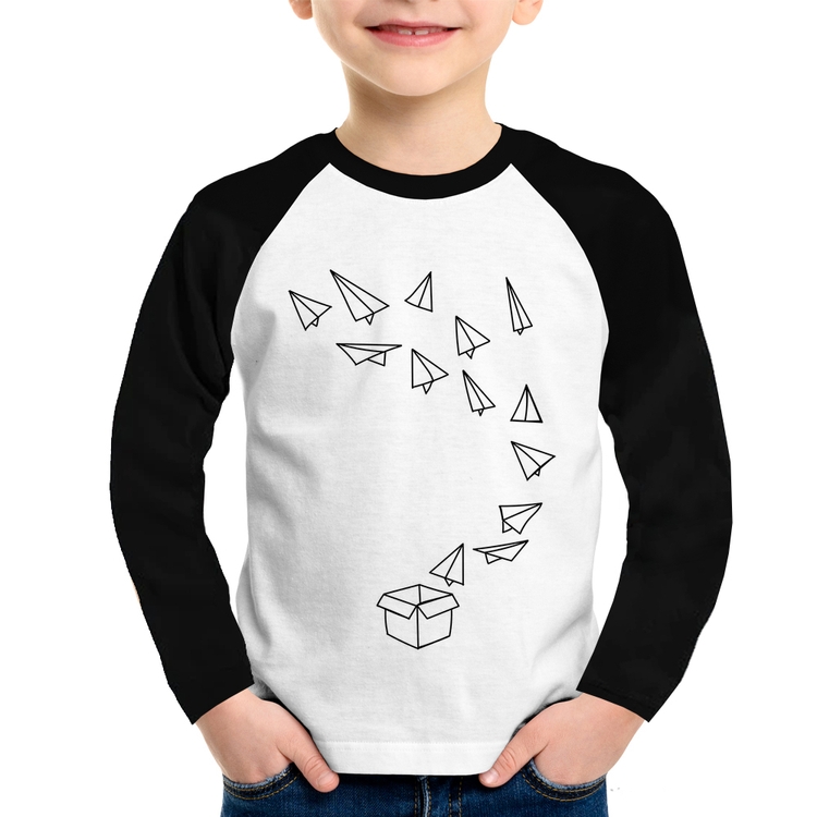 Camiseta Raglan Infantil Aviões de Papel Manga Longa