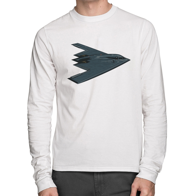 Camiseta Algodão B-2 Spirit Avião Invisível Manga Longa - Branca