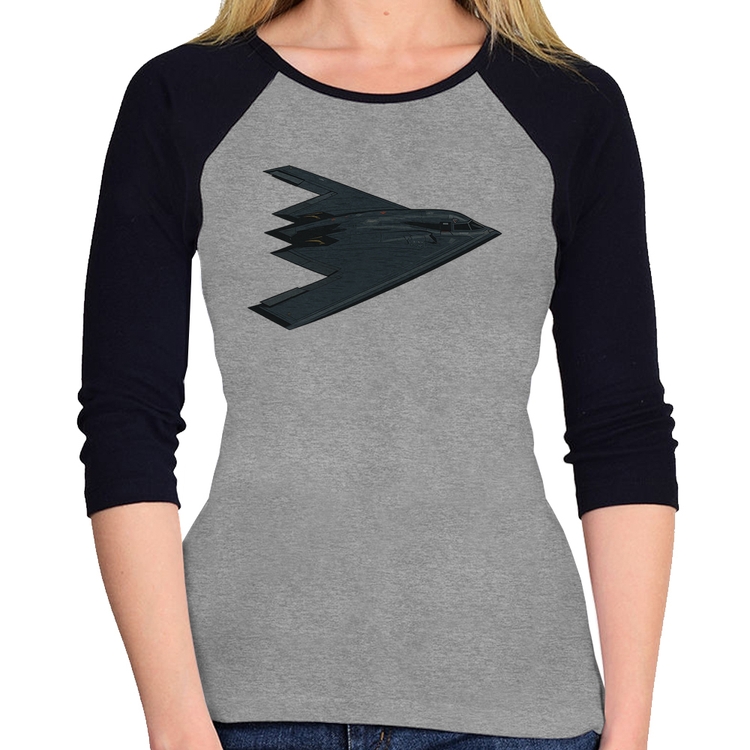 Baby Look Raglan B-2 Spirit Avião Invisível Manga 3/4 - Cinza/Preto