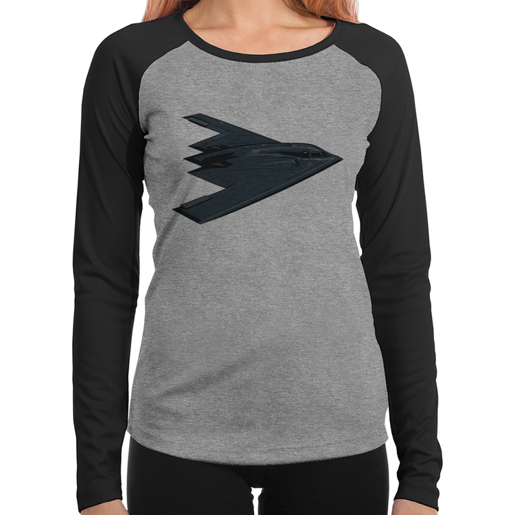 Baby Look Raglan B-2 Spirit Avião Invisível Manga Longa - Cinza/Preto