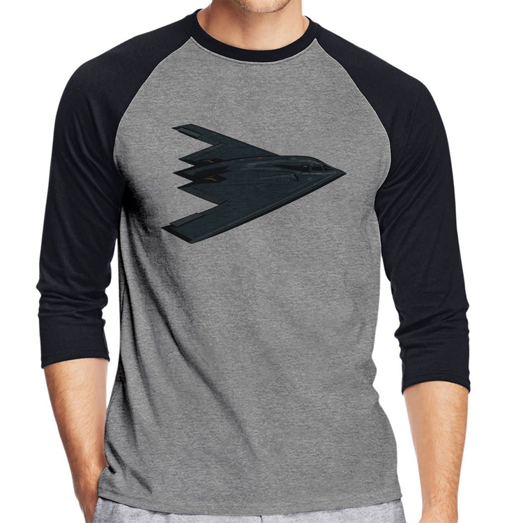 Camiseta Raglan B-2 Spirit Avião Invisível Manga 3/4 - Cinza/Preto