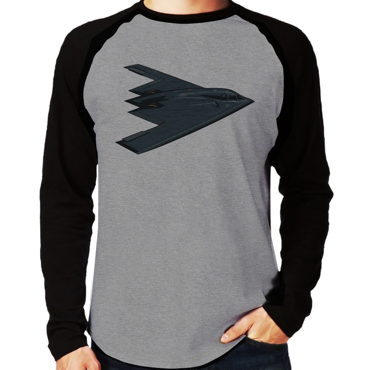Camiseta Raglan B-2 Spirit Avião Invisível Manga Longa - Cinza/Preto