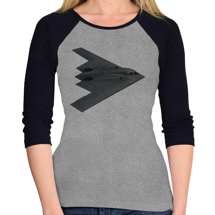 Baby Look Raglan B-2 Spirit Bombardeiro Furtivo Manga 3/4 - Cinza/Preto