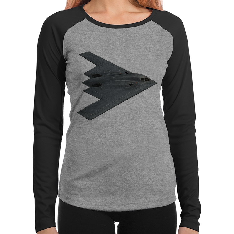 Baby Look Raglan B-2 Spirit Bombardeiro Furtivo Manga Longa - Cinza/Preto