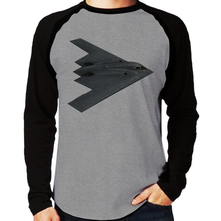 Camiseta Raglan B-2 Spirit Bombardeiro Furtivo Manga Longa - Cinza/Preto