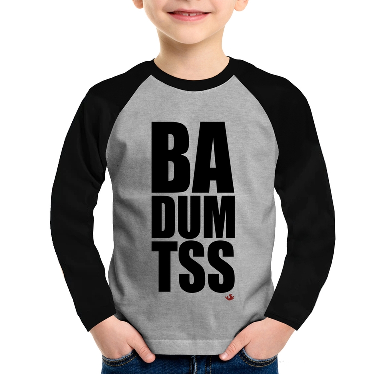 Camiseta Raglan Infantil BA DUM TSS Manga Longa - Cinza/Preto