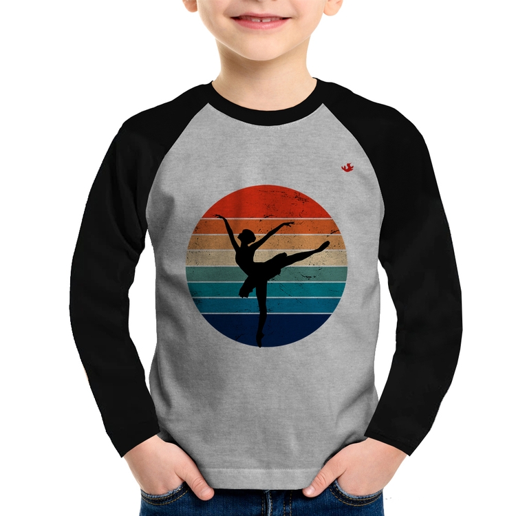 Camiseta Raglan Infantil Ballet Vintage Sunset Manga Longa - Cinza/Preto