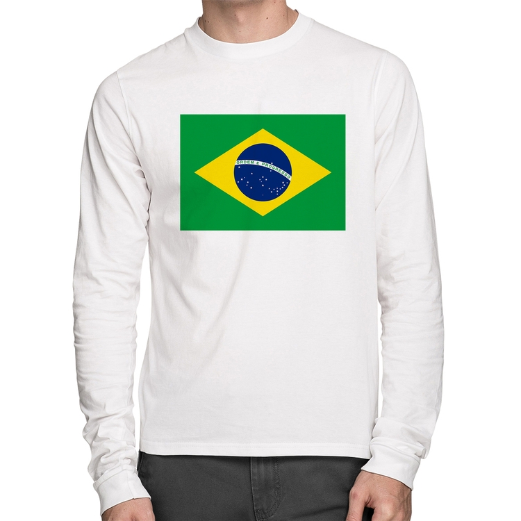 Camiseta Algodão Bandeira Brasil Manga Longa - Branca
