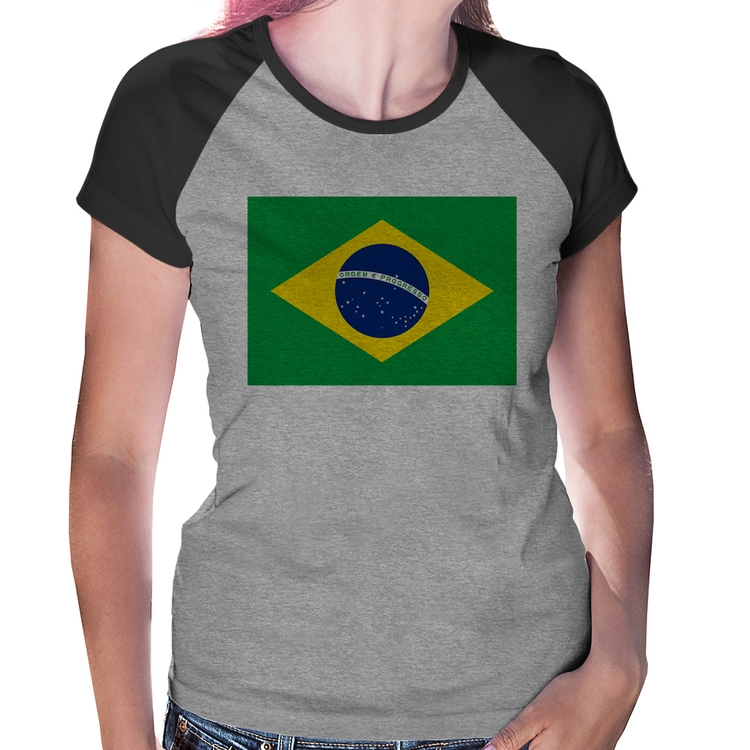 Baby Look Raglan Bandeira Brasil - Cinza/Preto