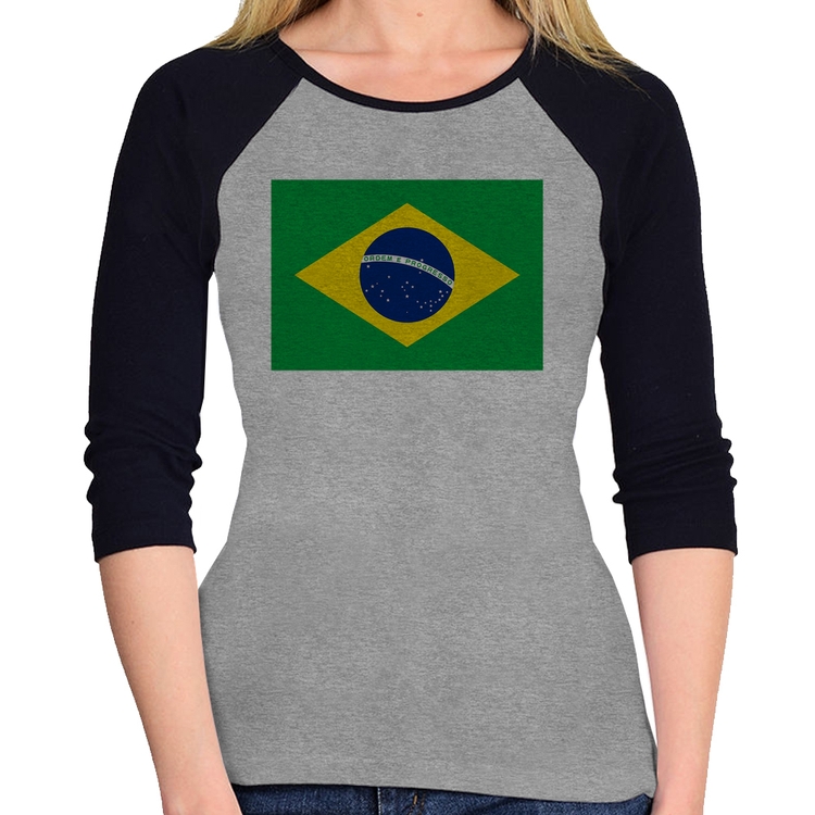 Baby Look Raglan Bandeira Brasil Manga 3/4 - Cinza/Preto