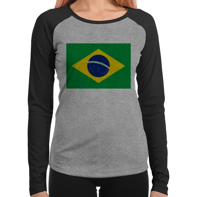 Baby Look Raglan Bandeira Brasil Manga Longa - Cinza/Preto