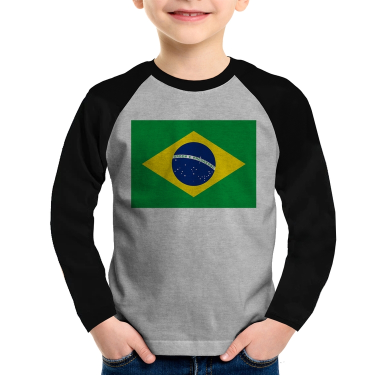Camiseta Raglan Infantil Bandeira Brasil Manga Longa - Cinza/Preto