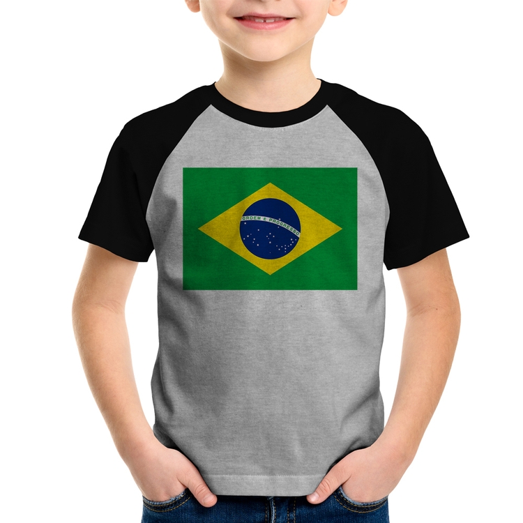 Camiseta Raglan Infantil Bandeira Brasil - Cinza/Preto