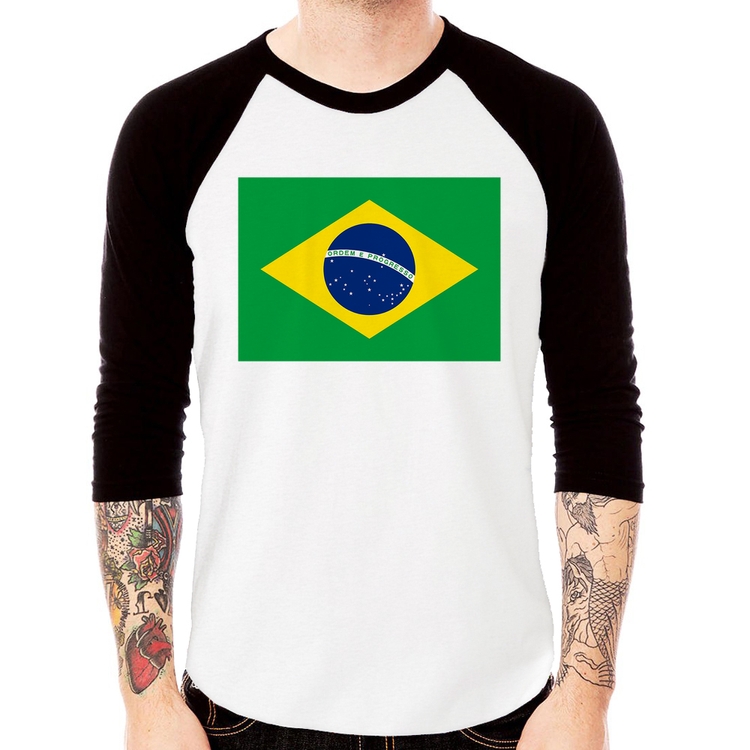 Camiseta Raglan Bandeira Brasil Manga 3/4