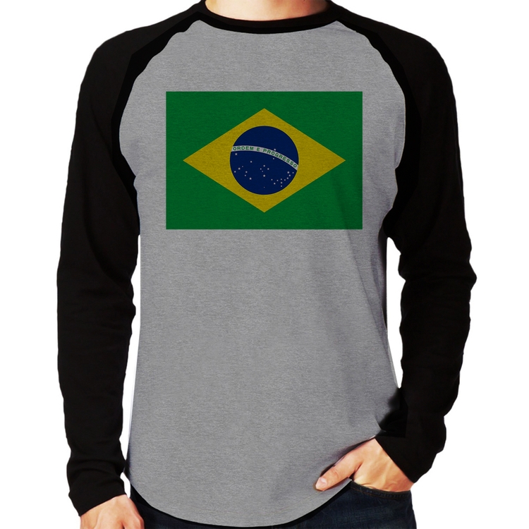 Camiseta Raglan Bandeira Brasil Manga Longa - Cinza/Preto