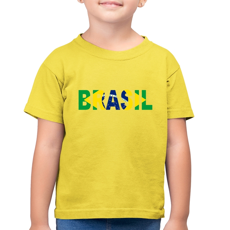 Camiseta Algodão Infantil Bandeira Brasil Letras - Amarelo Canário