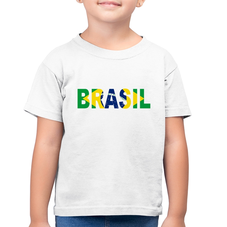 Camiseta Algodão Infantil Bandeira Brasil Letras - Branca