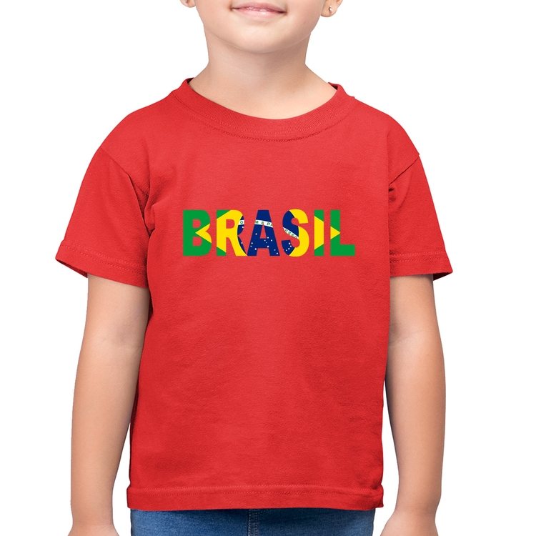 Camiseta Algodão Infantil Bandeira Brasil Letras - Vermelha