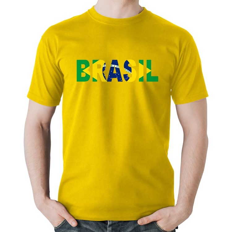 Camiseta Algodão Bandeira Brasil Letras - Amarela