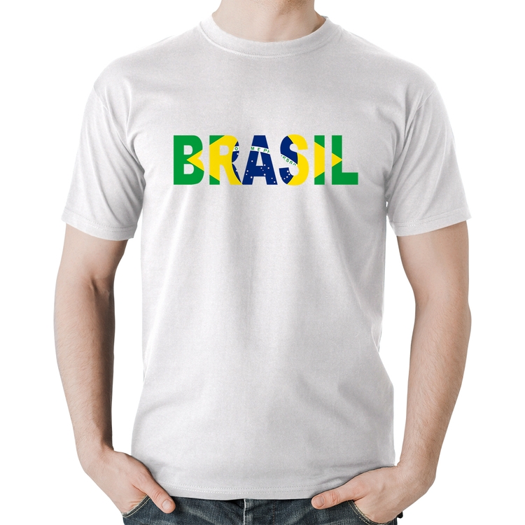 Camiseta Algodão Bandeira Brasil Letras - Branca