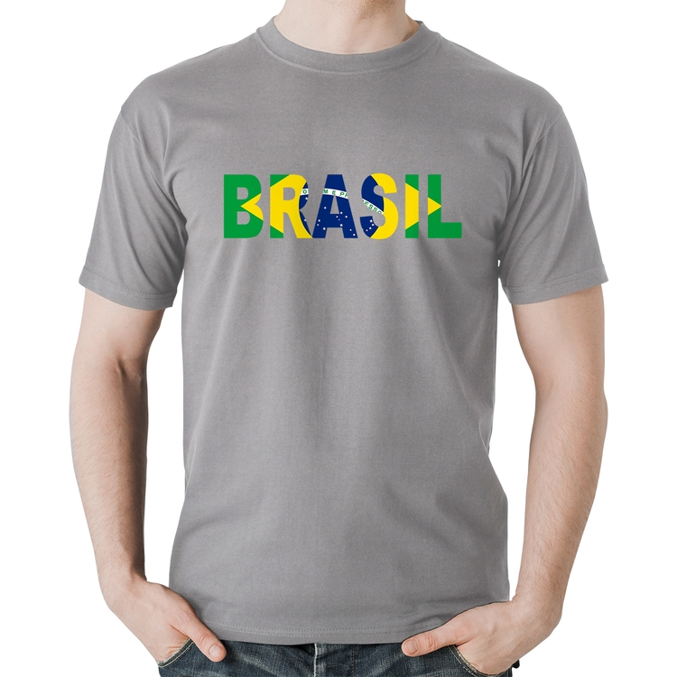 Camiseta Algodão Bandeira Brasil Letras - Cinza